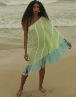 Fringed One Shoulder Kaftan - Neon Yellow
