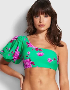 Full Bloom One Shoulder Bikini Top - Jade