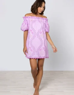 Ginko Print Off Shoulder Mini Dress with Ric-Rac - Violet and Peach