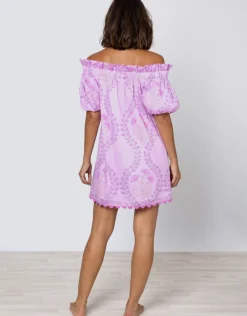 Ginko Print Off Shoulder Mini Dress with Ric-Rac - Violet and Peach