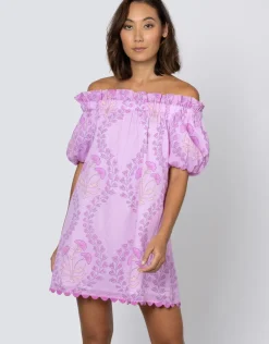 Ginko Print Off Shoulder Mini Dress with Ric-Rac - Violet and Peach