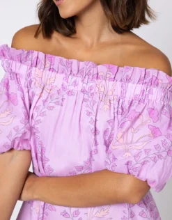 Ginko Print Off Shoulder Mini Dress with Ric-Rac - Violet and Peach