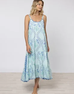 Ginko Print Swing Dress with Ric-Rac - Aqua and Blue