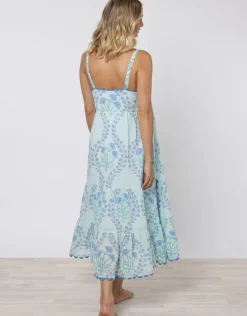 Ginko Print Swing Dress with Ric-Rac - Aqua and Blue