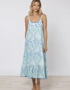 Ginko Print Swing Dress with Ric-Rac - Aqua and Blue