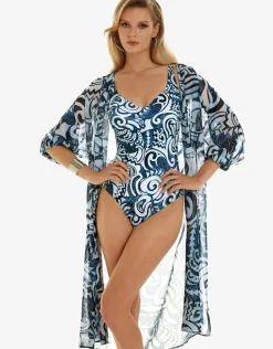 Graffiti Midi Length Beach Shirt - Blue and White