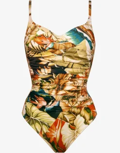 Hypnotic Ruched Underwired Swimsuit - Sepia Leaves