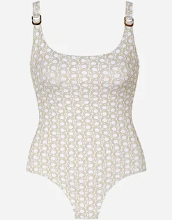 Indira Round Neck Swimsuit - White and Gold