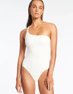 Isla Rib One Shoulder Swimsuit - Cream