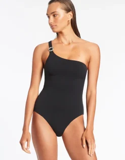 Isla Rib One Shoulder Swimsuit - Black