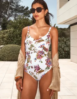 Jasmine Shaped Neck Swimsuit - White Floral