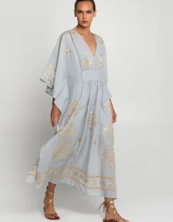 Lefkada Kimono Sleeve Maxi Kaftan - Light Grey and Gold