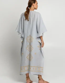 Lefkada Kimono Sleeve Maxi Kaftan - Light Grey and Gold
