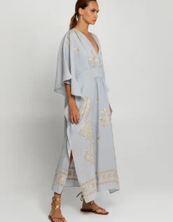 Lefkada Kimono Sleeve Maxi Kaftan - Light Grey and Gold
