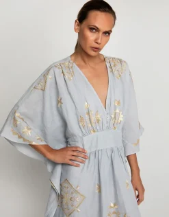 Lefkada Kimono Sleeve Maxi Kaftan - Light Grey and Gold