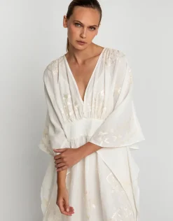 Lefkada Kimono Sleeve Maxi Kaftan - Natural and Champagne
