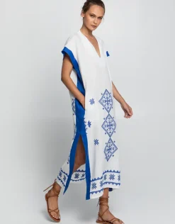 Lefkada Midi Kaftan Tunic - White and Blue