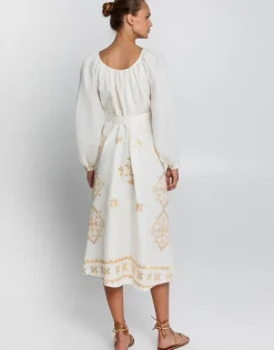 Lefkada Round Neck Midi Kaftan Dress - Natural and Gold