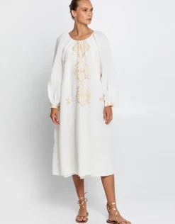 Lefkada Round Neck Midi Kaftan Dress - Natural and Gold