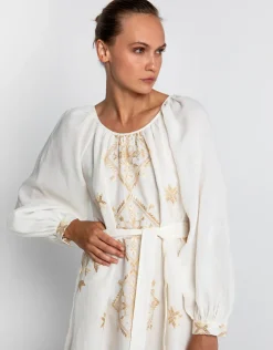 Lefkada Round Neck Midi Kaftan Dress - Natural and Gold