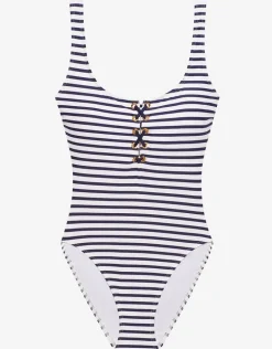 Luxe Stripe Lace Up Swimsuit - Navy White