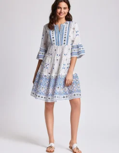 Marina 3/4 Sleeve Dress - White and Blue