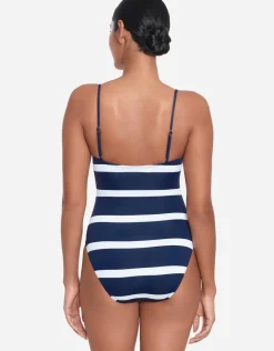Mariner Stripe Embroidered Square Neck Swimsuit - Navy and White