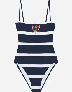 Mariner Stripe Embroidered Square Neck Swimsuit - Navy and White