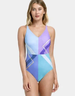 Modern Art V Neck Swimsuit - Multi Blue