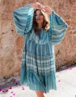 Patchwork Mini Boho Dress - Blue