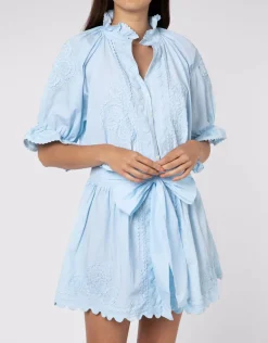 Poplin Blouson Dress with Ric-Rac Embroidery - Pale Blue
