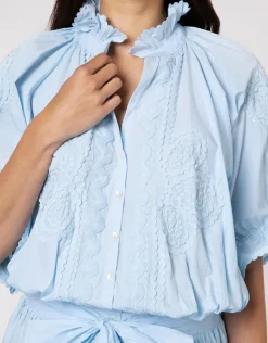 Poplin Blouson Dress with Ric-Rac Embroidery - Pale Blue