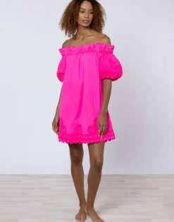 Poplin Off Shoulder Mini Dress with Ric-Rac - Indian Pink