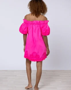 Poplin Off Shoulder Mini Dress with Ric-Rac - Indian Pink