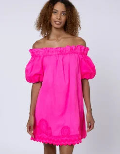 Poplin Off Shoulder Mini Dress with Ric-Rac - Indian Pink