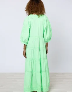 Poplin V-Neck Loose Maxi Dress with Ric-Rac - Apple