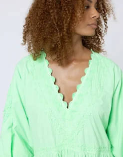 Poplin V-Neck Loose Maxi Dress with Ric-Rac - Apple