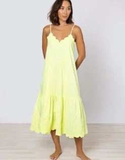 Poplin V-Neck Midi Dress with Cord Flower - Sherbet Lemon