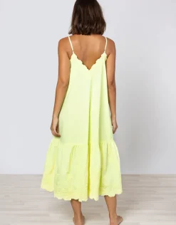 Poplin V-Neck Midi Dress with Cord Flower - Sherbet Lemon