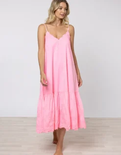 Poplin V-Neck Midi Dress with Cord Flower - Pink Grapefruit