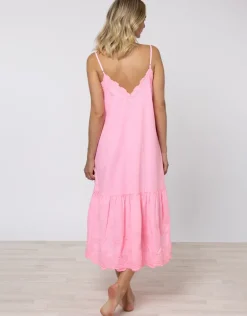 Poplin V-Neck Midi Dress with Cord Flower - Pink Grapefruit