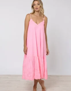 Poplin V-Neck Midi Dress with Cord Flower - Pink Grapefruit