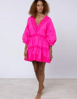 Poplin V-Neck Tiered Mini Dress with Ric-Rac - Indian Pink