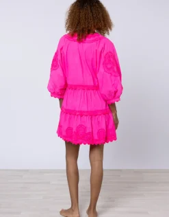 Poplin V-Neck Tiered Mini Dress with Ric-Rac - Indian Pink