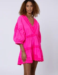 Poplin V-Neck Tiered Mini Dress with Ric-Rac - Indian Pink