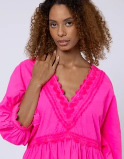 Poplin V-Neck Tiered Mini Dress with Ric-Rac - Indian Pink