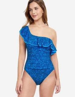 Profile Mehndi Ruffle One Shoulder Swimsuit - Blue