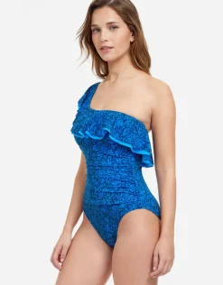 Profile Mehndi Ruffle One Shoulder Swimsuit - Blue