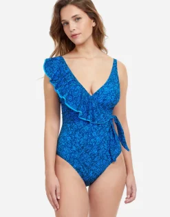 Profile Mehndi Ruffle Surplice Swimsuit - Blue