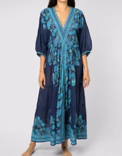 Rose Border Print V-Neck Maxi Dress - Indigo